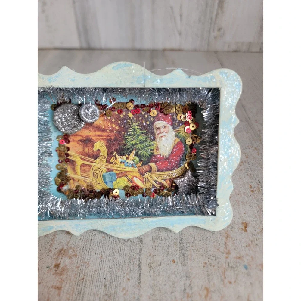 Vintage Santa Claus blue tinsel shadow box ornament Xmas Unique Home